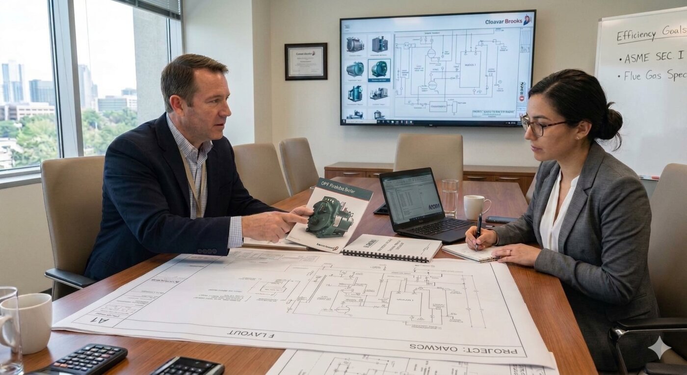 Energy Control engineers reviewing boiler system design plans with a customer